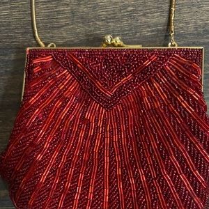 Vintage Art Deco Red Beaded Carla Marchi Kisslock Bag / Clutch